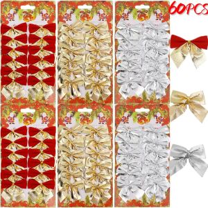 12-60pcs Christmas Bow Red Gold Mini Xmas Tree Bowknot Pendant Ornaments for Home Decoration 2025 New Year Party DIY Gifts