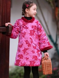 New Winter Childrens Cheongsam round Neck Cotton Dress Girls New Chinese Style Year-End Visit Costume Toddler Kids Clothing