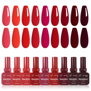 Hassleless 9-Piece Red Nail Polish Set presented in a bow-shaped glass bottle creates a natural healthy red nail polish. Quic