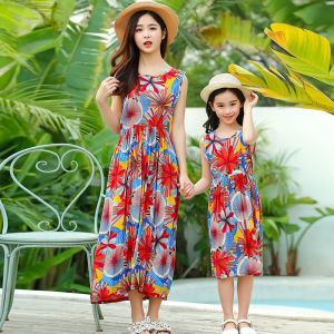 Daughter Mother Matching Clothes Cotton Silk Vest Summer Beach Floral Print Girls Dress Children Outfits Korean Style Skirt