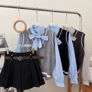 Preppy Style Casual Versatile Fake Two Pieces Shoelace Bows Stripes Patchwork Knitted Vest Shirt Tops Women