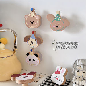 Cartoon Cute Ins Style Punch-Free Hook Solid Wood Dual-Use Wall Sticky Hook Coat Hook behind Door Childrens Room Decoration