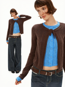 Wool Knotted Faux Two-Piece Color Block Lace Stitched Layered Short Cardigan