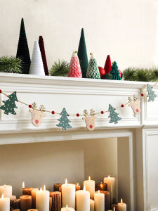 Christmas Wooden Garland with Reindeer & Tree Ornaments Jute Rope Hanging Banner Cute Festive Fireplace & Home Party Decoration