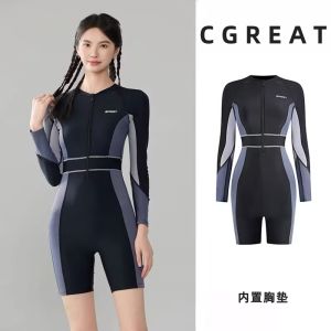2025 New Womens One-Piece Conservative Slimming Long Sleeve Surfing Diving Suit Thermal Large Size Beachwear Swimming Costume