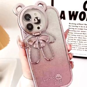 Kasus Flip Lens Berkilau Beruang Lucu untuk iPhone 11 12 13 14 15 Pro Max Casing 7+ 8 Plus Xs Max Xr Soft Silicone Shockproof Cover