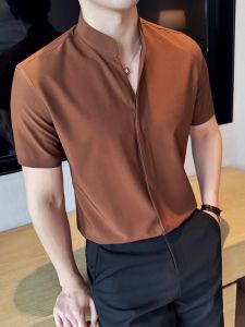 Mens Short Sleeve Shirt Stand Collar Ice Silk Thin Summer Fashionable City Style Youth Business Casual Striped Pattern