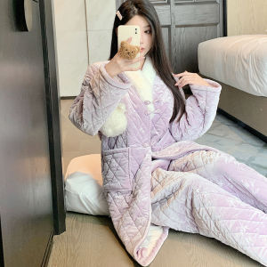 Thickened Coral Fleece Sleepwear Womens Style National Trend Home Clothes Long Sleeve V-Neck Long Pants Winter Season Outerwear