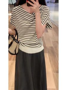 YUEZHONGWEI | French Style Irregular One Shoulder Knitted Short Sleeve T-Shirt Women Summer High End Feel Striped Top Loose Fit Commute Style