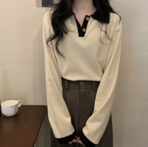 Áo thun lông cừu cocoepps cho nữ áo dài tay cổ chữ V mùa thu bó sát phong cách Hàn Quốc