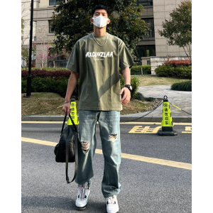 American High Street Ins Style Trendy Stylish Letters Pure Cotton Short Sleeve T-shirt Mens Summer Heavy Weight round Neck Half Sleeve Tops