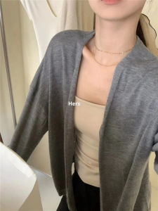 เสื้อคาร์ดิแกนถักแขนยาวผ้าไหมน้ำแข็ง ทรงหลวม ทรงสั้น สำหรับผู้หญิง ฤดูใบไม้ผลิ ฤดูใบไม้ร่วง ฤดูหนาว ฤดูร้อน เสื้อคลุมกันแดด แฟชั่น