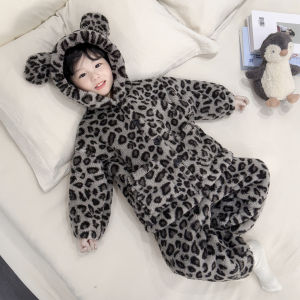Boys Sleepwear Set Leopard Print Coral Fleece Home Clothes Long Sleeve Loose Fit Comfortable Soft French Terry Winter Outfit