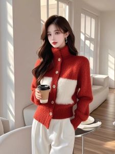 Red High Collar Knitted Sweater Soft Plush Beautiful Winter Womens Fashion Lazy Luxury Feel New Years Top Quality Polyester Fiber
