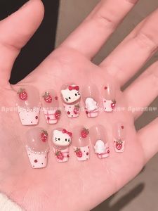 Strawberry Kitty Design Wearable Nail Art Pure Handmade 3D Cute Rabbit Short Nail False Nails Tips Pink Series Beauty Tools
