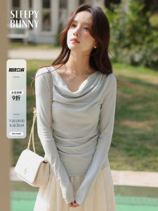 Áo Thun Dài Tay Màu Xanh Lam Cho Nữ Dáng Ôm Cổ Tròn Chất Liệu Viscose Mùa Thu Phong Cách Thường Ngày Thương Hiệu Kedama Rabbit