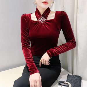 Yimei 2025 Mùa Xuân Châu Âu Thiết Kế Mới Thời Trang cổ treo khoét lỗ Kim Cương Cổ Vuông Top Tay áo dài Nhung Màu Đen T-Shirt