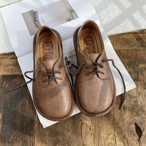 รองเท้าหนังคู่เล็กหนังแท้รองเท้าชั้นเดียวหัวกลมปากตื้นแนวอาร์ตๆรองเท้าตัวตลกผูกเชือกรองเท้าทรงคุณพ่อรองเท้านักเรียนแนววินเทจรองเท้าผู้หญิงสไตล์ฝรั่งเศส