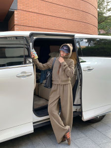 ชุดกีฬาลำลองสำหรับผู้หญิง เสื้อแจ็คเก็ตฮู้ด เสื้อตัวบน กางเกงขายาว กางเกงขายาวถึงพื้น ชุดสองชิ้น ฤดูใบไม้ร่วงและฤดูหนาว