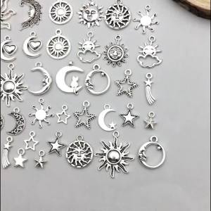 42 Chiếc Cổ Bạc Mặt Trăng Mặt Trời Ngôi Sao Hợp Kim Mặt Dây Chuyền Bộ Cho DIY Vòng Tay Thời Trang Phụ Kiện Trang Sức Trở Lại Trường Học Đồ Thủ Công