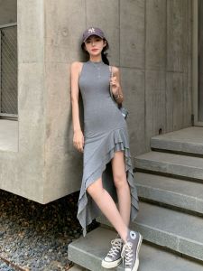 VKSOD | Pure Desire Style Womens Sleeveless Vest Summer High Waist Slit Bodycon Long Dress Korean Version A-Line Skirt Round Neck