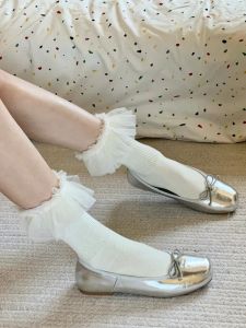 2024 New Lace Trim Mesh Mid-Calf Ballet Miu Style Milk White Grey Mary Jane Shoe Socks Cotton Womens Mid-Tube Stockings