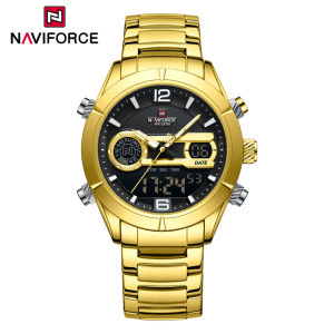 NAVIFORCE Men Watch Original Waterproof Watch Gold Stainless Steel Digital Watch Sport Outdoors Multifunctional Alarm Luminous Display