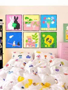 Cute Decorative Artwork Dopaamine Style Poster  Pet Store Living Room Wall Painting Cat Cafe Milk Tea Shop Cartoon Animation