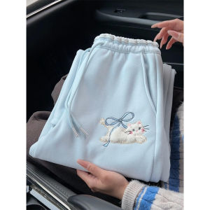 XIANGBAIWEI | Winter Warm Womens Sweatpants Fleece Lined Ribbon Bow Cat Embroidery Straight Leg Cuffed