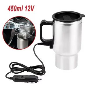 Electric Heating Car Kettle 12V 450ml Vehicle Heating Cup Stainless Steel Camping Travel Kettle Water Coffee Milk Thermal Mug
