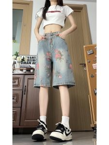 High Waist Denim Shorts Womens Summer Outdoor Wear Sports Loose Wide Leg Five-Quarter Pants Casual Washed Natural Waist