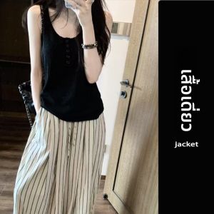 YUEZHONGWEI | เสื้อกั๊กผ้าไหมน้ำแข็งสีดำคอวีสำหรับผู้หญิงในฤดูร้อน เสื้อแขนกุดทรงสลิมฟิต ดีไซน์เก๋ไก๋ ผ้าฝ้ายผสมโพลีเอสเตอร์