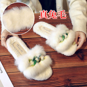 รองเท้าแตะขนกระต่ายสำหรับผู้หญิง 2024 ใหม่ รองเท้าแตะฤดูใบไม้ร่วง/ฤดูหนาวในบ้าน รองเท้าแตะส้นแบนแบบลำลอง รองเท้าแตะแบบสวมสบาย