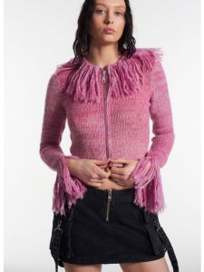 Retro American Y2K Hot Girl Fringed Belly Button Baring Short Knitted Zipper Open Cardigan Coat Pink Red Street Style Knitwear