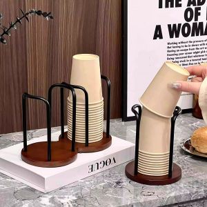 Wooden Disposable Cup Dispenser with Long Stick Tea Water Cup Storage Holder Rack Shelf Mug Display Stand Organizer for Home