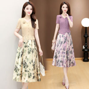 Elevate Your Style: Discover the Perfect Elegant V-neck Short Sleeve Slim Fake 2 Pcs Floral A-line Midi Dress