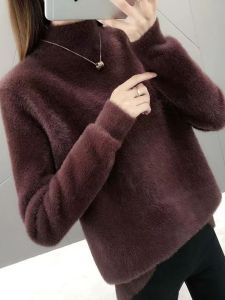 Velvet Thickening Sweater Womens Autumn and Winter Half-High Collar Loose Bottoming Shirt Versatile Mink Fur New Womens Knitted Coat