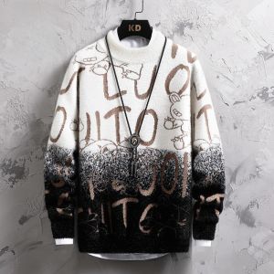 ROMON | Lormen Mens Knitted Sweater Half High Collar Thickened Mink Velvet Warm Gradient Color Base Shirt Winter Fashion City Casual Loose Fit