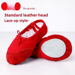 Childrens Dance Shoes Cat Claw Shape Practice Ballet Shoes Soft Bottom Leather Head Red Color Girls Boys Knot Tied Shoes