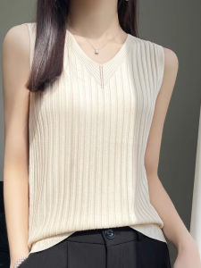 WANGGONGZHU | Princess Style Ice Silk Knitted Vest Womens Summer Outerwear V-Neck Slimming Thin Fashionable Base Shirt Korean Loose Fit