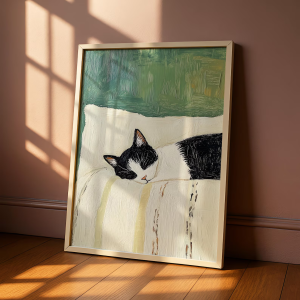 Sleeping Tuxedo Cat Wall Art Print: Black and White Cat Painting Unframed Cat Poster Gift Decoration