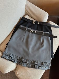GUZILIAN | Grey Retro Double Layered A-Line Mini Skirt Womens High Waist Slimming Spring Autumn Season Commute Korean Style Short Skirt