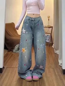 Quần Jeans Baggy Thêu Sao Graffiti Nam Mùa Xuân Phong Cách Đường Phố Retro Ống Rộng Chất Liệu Denim Kiểu Dáng Y2K Vintage Dài Chấm Gót Chất Liệu Polyester