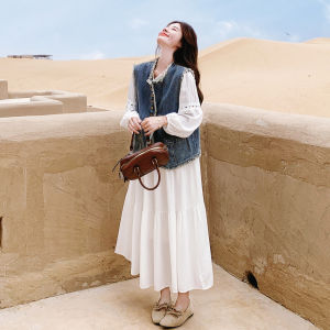 Light Beige French Gentle Style Dress Set Womens 2025 Autumn New Vintage Denim Vest Two-Piece Set Loose Fit Casual Wear
