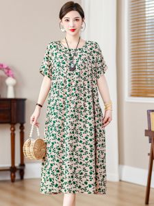 plus Size Summer Cotton Silk Dress Floral Print Casual Short Sleeve Midi Dress for Middle-Aged Women Comfortable Loose Fit