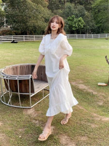 White Doll Collar Long Dress Womens Summer Fresh Sweet Forest Style Anti-Aging Ultra-long Ankle-length Gauze Edge Dress