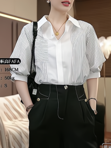 Elegant White Striped Chiffon Shirt Commute Womens Summer New Top Professional Short Sleeve Blouse Korean Loose Fit Single Button