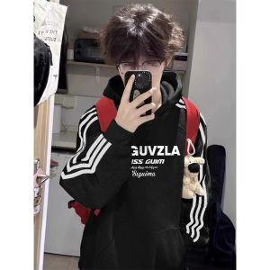 เสื้อสเวตเตอร์มีฮู้ดผ้าฝ้ายแท้ 3 แถบ ทรงหลวม สำหรับผู้ชาย ฤดูใบไม้ร่วง/ฤดูหนาว แฟชั่นอเมริกัน แจ็คเก็ตแบบมีฮู้ด ผ้าขนแกะ ทรงหลวม