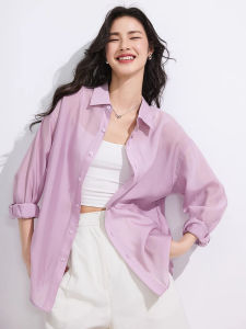 เสื้อเชิ้ตกันแดดบางเบา น้ำหนักเบา โปร่งใส แฟชั่นฤดูร้อน แขนหลวม ลำลอง เสื้อเชิ้ตสีพื้น ทรงหลวม แขนยาว ปกโปโล