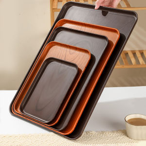 Wood Grain Plastic Food Serving Tray Stackable Dessert Fruit Tray Tea Tray Large Capacity Storage Tray Kitchen Stoage Organizer